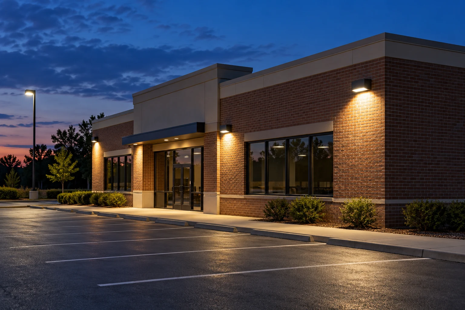 Illustrative commercial building exterior and parking area illuminated at dusk