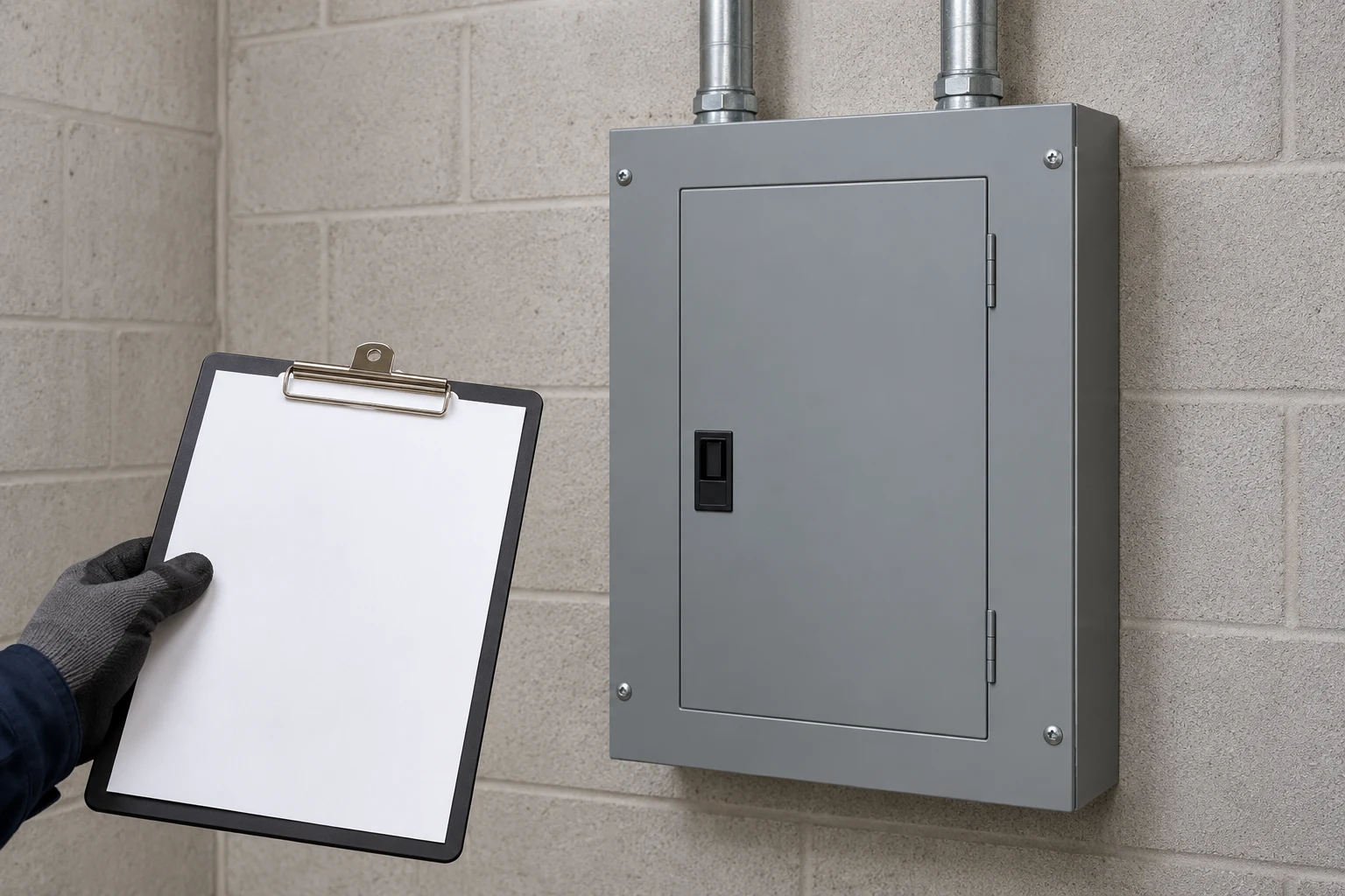 Illustration of a closed commercial electrical enclosure and an assessment clipboard